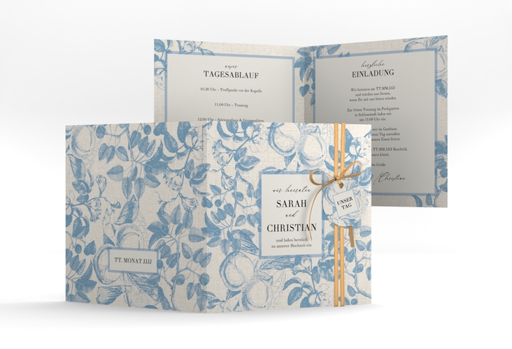 Hochzeitseinladung Toile quadr. Klappkarte blau mit Blättermuster im Toile-de-Jouy-Stil