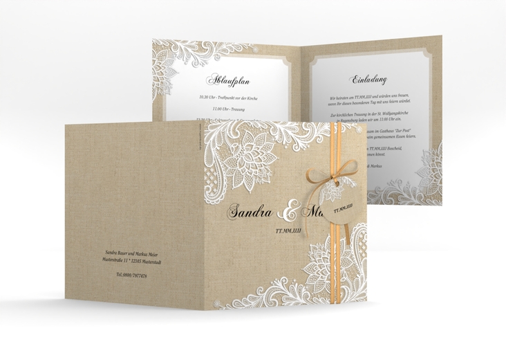 Hochzeitseinladung Lace quadr. Klappkarte beige in Leinen-Optik mit weißer Spitze