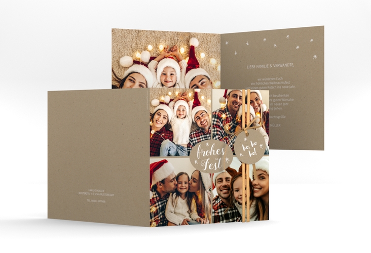 Weihnachtskarte Flocken quadr. Klappkarte Kraftpapier hochglanz zum selbst Gestalten mit Familienfotos