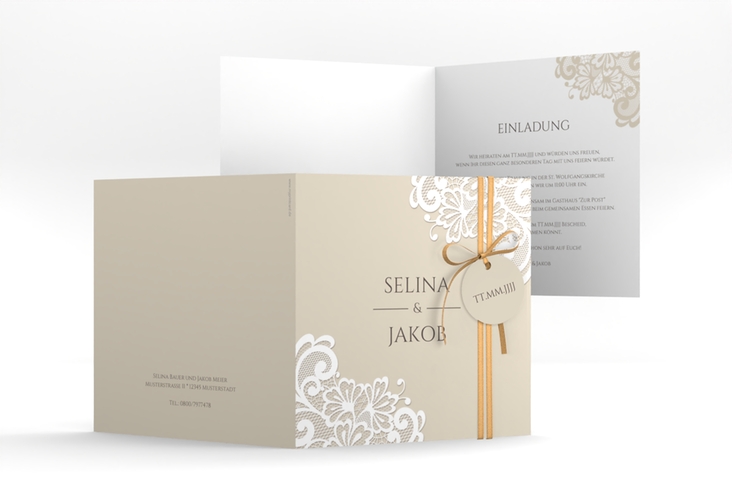 Hochzeitseinladung Vintage quadr. Klappkarte beige mit floraler Spitze