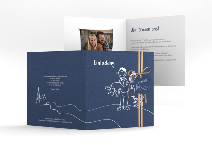 Hochzeitseinladung Pisa quadr. Klappkarte blau