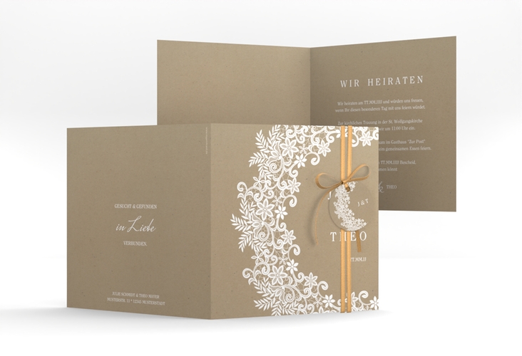 Hochzeitseinladung Mariage quadr. Klappkarte Kraftpapier mit Bogen aus weißer Spitze