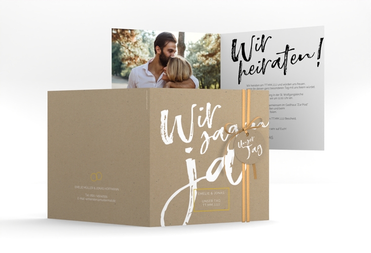 Hochzeitseinladung Words quadr. Klappkarte Kraftpapier hochglanz modern mit Brush-Schrift