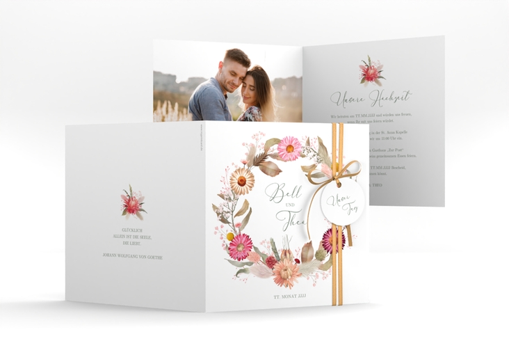 Hochzeitseinladung Trockenblumen quadr. Klappkarte weiss