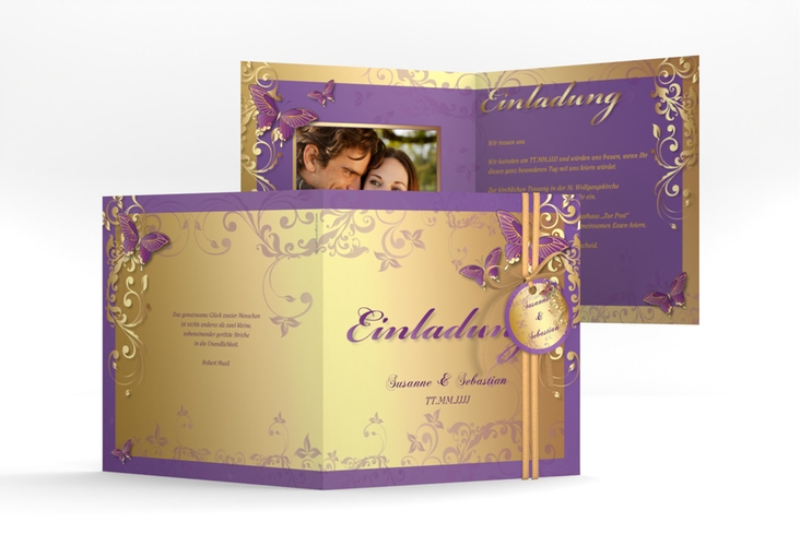 Hochzeitseinladung Toulouse quadr. Klappkarte lila hochglanz romantisch mit Schmetterlingen