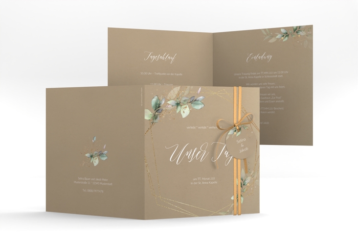 Hochzeitseinladung Greenish quadr. Klappkarte Kraftpapier hochglanz