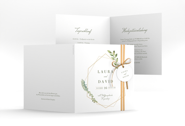 Hochzeitseinladung Herbarium quadr. Klappkarte gold hochglanz mit geometrischem Rahmen und Blätter-Dekor