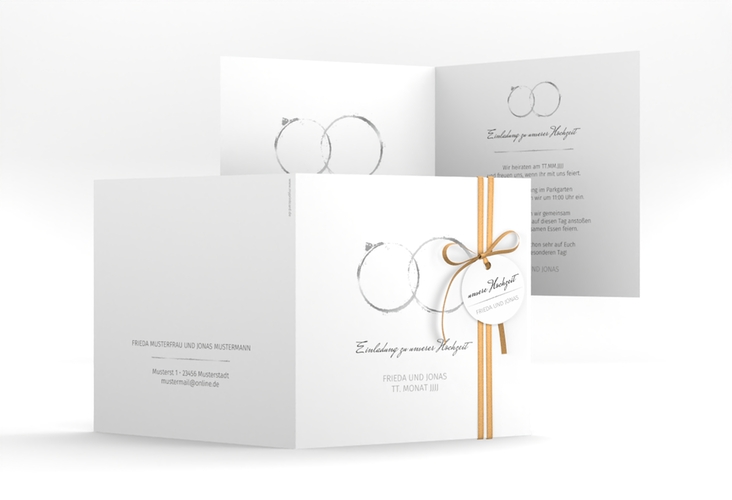 Hochzeitseinladung Trauringe quadr. Klappkarte grau minimalistisch gestaltet mit zwei Eheringen