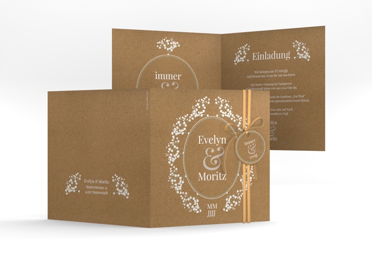 Hochzeitseinladung Gypsophila quadr. Klappkarte Kraftpapier hochglanz im Vintage-Stil mit Blumenkranz aus Schleierkraut