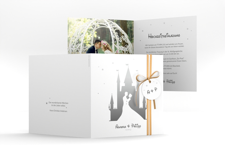 Hochzeitseinladung Castle quadr. Klappkarte grau
