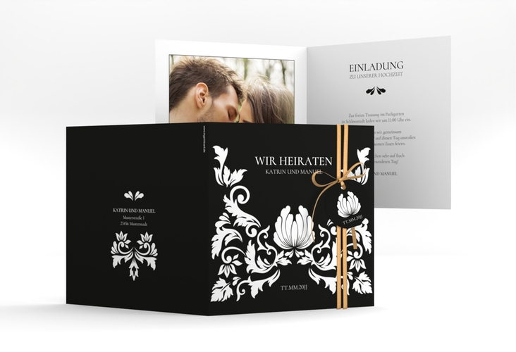 Hochzeitseinladung Royal quadr. Klappkarte schwarz hochglanz mit barockem Blumen-Ornament