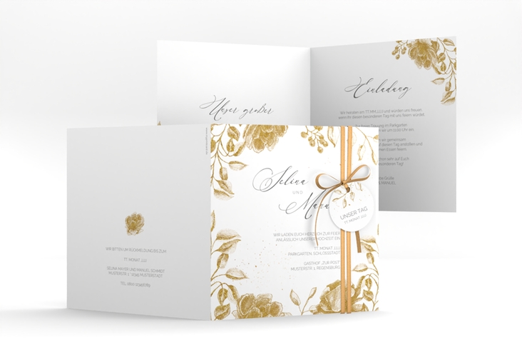 Hochzeitseinladung Blattgold quadr. Klappkarte gold