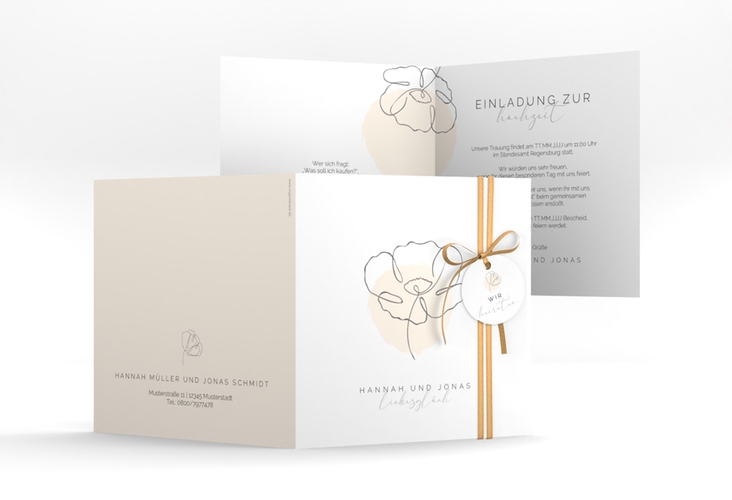 Hochzeitseinladung Flowerline quadr. Klappkarte apricot hochglanz