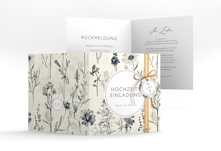 Hochzeitseinladung Chinoiserie Floral quadr. Klappkarte beige hochglanz