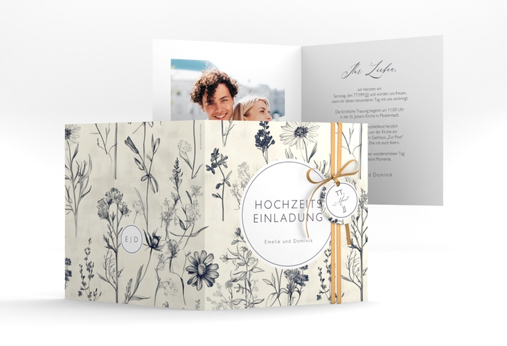Hochzeitseinladung Chinoiserie Floral quadr. Klappkarte beige hochglanz