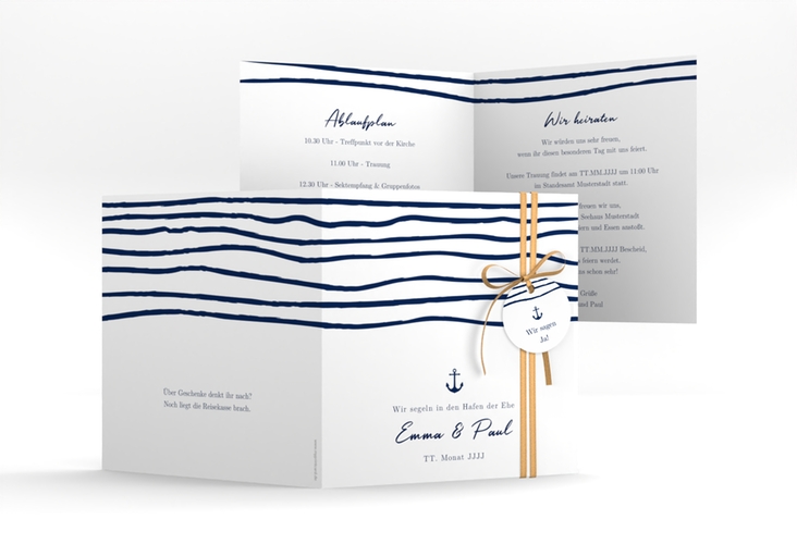 Hochzeitseinladung Liebesanker quadr. Klappkarte mit maritimem Streifenmuster und kleinem Anker