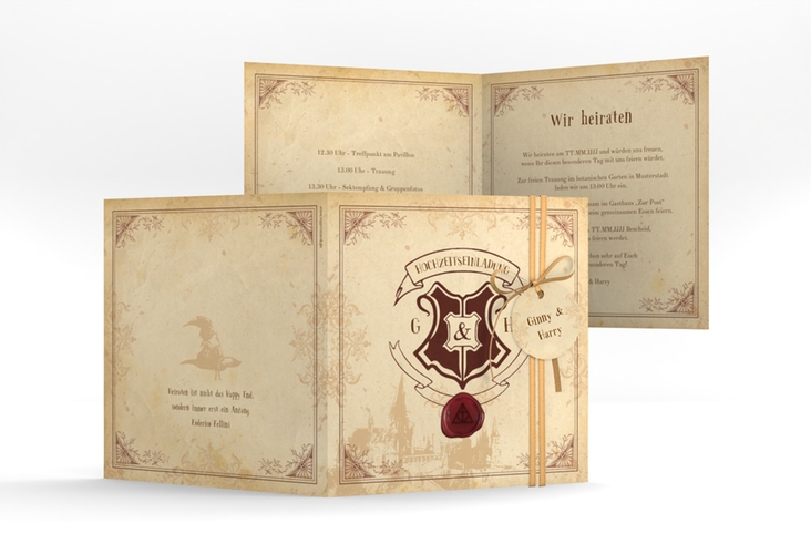 Hochzeitseinladung Zauberkunst quadr. Klappkarte beige hochglanz mit Fantasy-Wappen, Siegel und Zauberschule