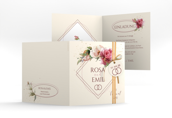 Hochzeitseinladung Rosenbogen quadr. Klappkarte