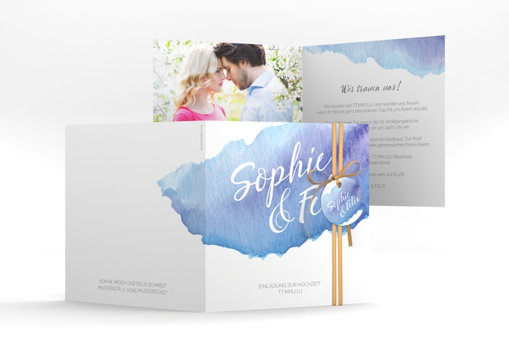Hochzeitseinladung Aquarella quadr. Klappkarte blau