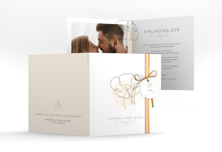 Hochzeitseinladung Flowerline quadr. Klappkarte apricot hochglanz