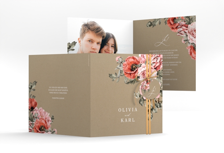 Hochzeitseinladung Grazioso quadr. Klappkarte Kraftpapier modern mit Mohnblumen und Rosen