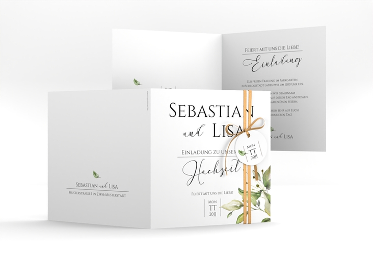Hochzeitseinladung Leaves quadr. Klappkarte weiss hochglanz