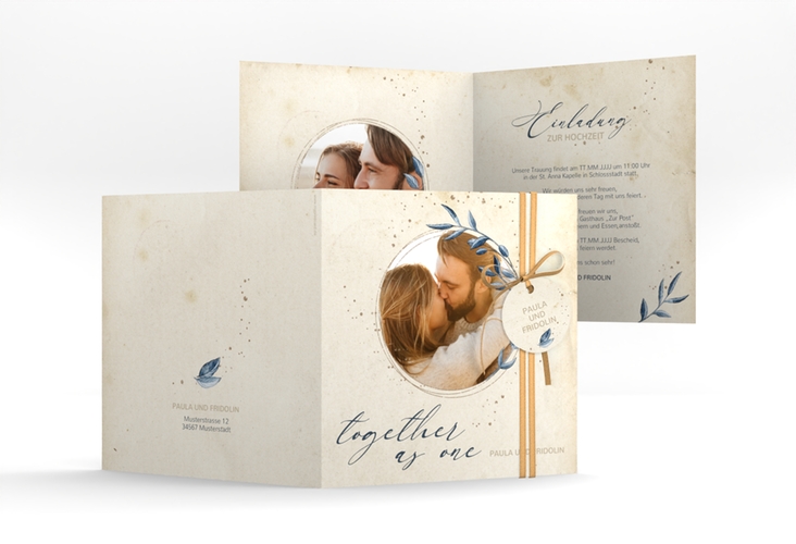 Hochzeitseinladung YinYang quadr. Klappkarte beige im Vintage-Look