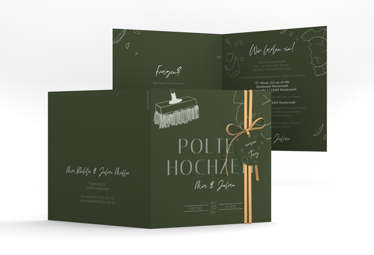Hochzeitseinladung Polterhochzeit quadr. Klappkarte mit Besen und kaputtem Porzellanteller