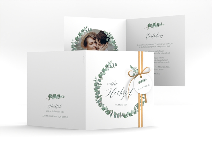 Hochzeitseinladung Silverleaf quadr. Klappkarte mit Eukalyptus-Zweig