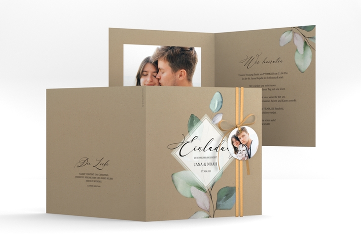 Hochzeitseinladung Foglia quadr. Klappkarte Kraftpapier edel mit Eukalyptus im Aquarell-Design