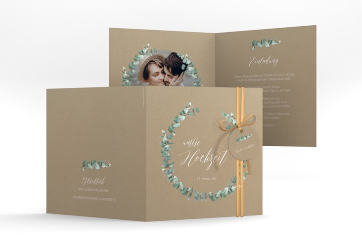 Hochzeitseinladung Silverleaf quadr. Klappkarte Kraftpapier hochglanz mit Eukalyptus-Zweig