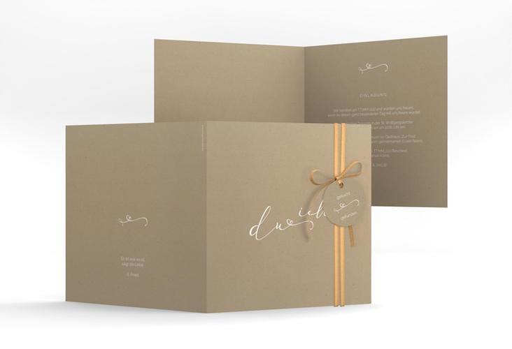 Hochzeitseinladung Zweisamkeit quadr. Klappkarte Kraftpapier hochglanz im minimalistischen Stil mit Aufschrift du & ich