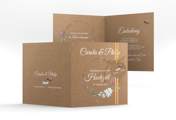 Hochzeitseinladung Honey quadr. Klappkarte Kraftpapier mit Wiesenblumen und Biene
