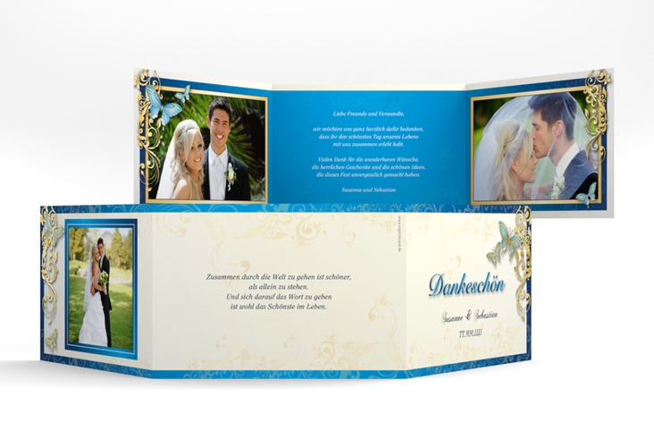 Danksagungskarte Hochzeit Toulouse A6 Doppel-Klappkarte blau gold
