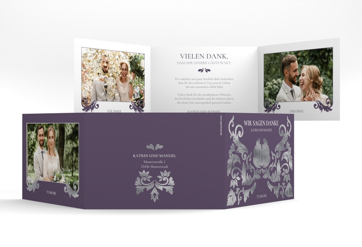 Danksagungskarte Royal A6 Doppel-Klappkarte lila silber mit barockem Blumen-Ornament