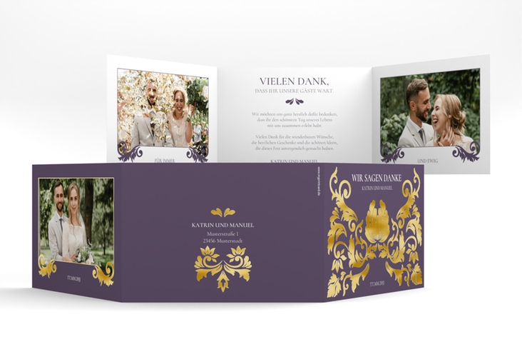 Danksagungskarte Royal A6 Doppel-Klappkarte lila gold mit barockem Blumen-Ornament