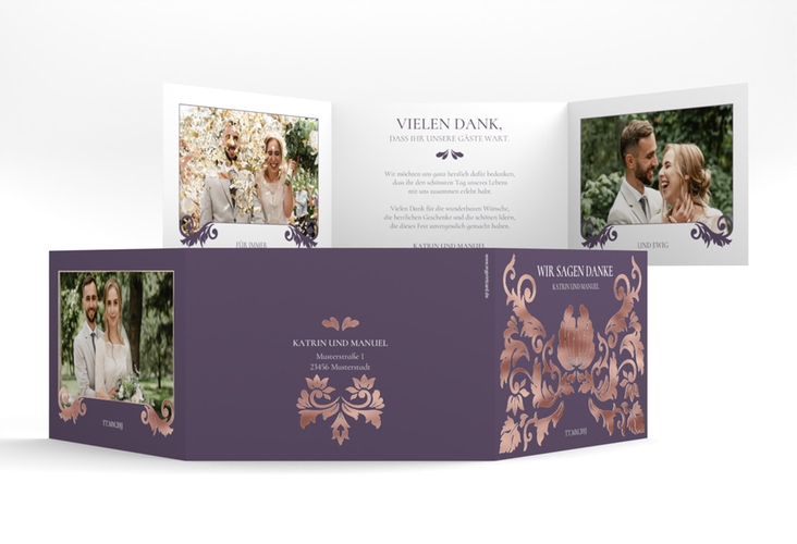 Danksagungskarte Royal A6 Doppel-Klappkarte lila rosegold mit barockem Blumen-Ornament