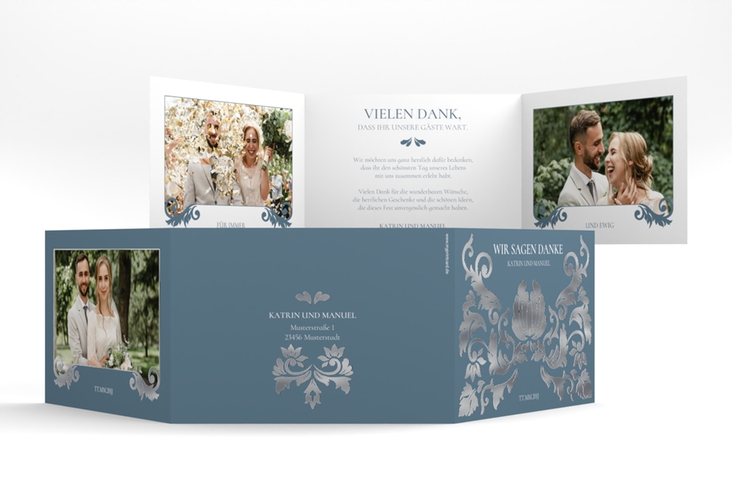 Danksagungskarte Royal A6 Doppel-Klappkarte blau silber mit barockem Blumen-Ornament