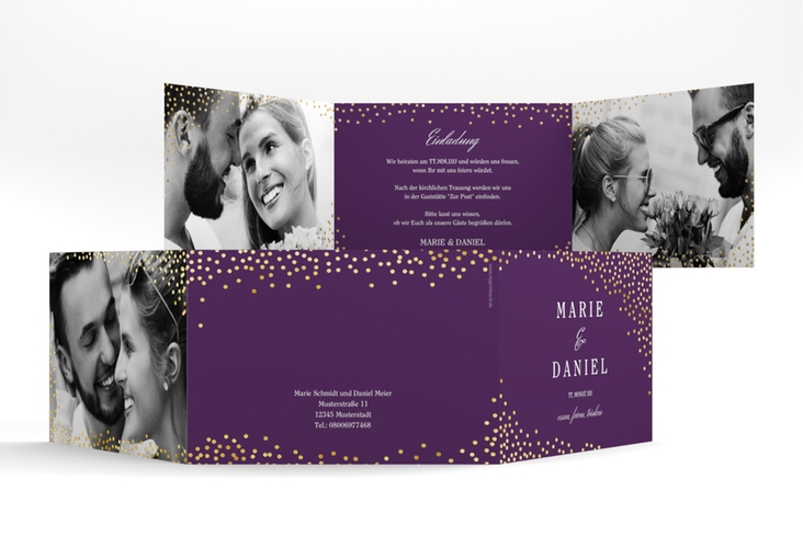 Hochzeitseinladung Glitter A6 Doppel-Klappkarte lila gold