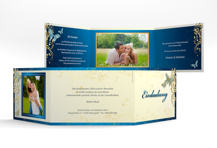 Hochzeitseinladung Toulouse A6 Doppel-Klappkarte blau gold