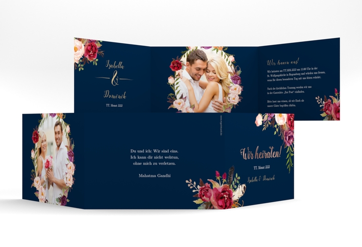 Hochzeitseinladung Flowers A6 Doppel-Klappkarte blau rosegold mit bunten Aquarell-Blumen