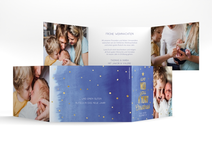 Weihnachtskarte Schneeglitzern A6 Doppel-Klappkarte blau gold