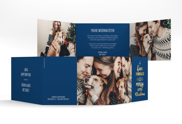 Weihnachtskarte Winterfreuden A6 Doppel-Klappkarte blau gold