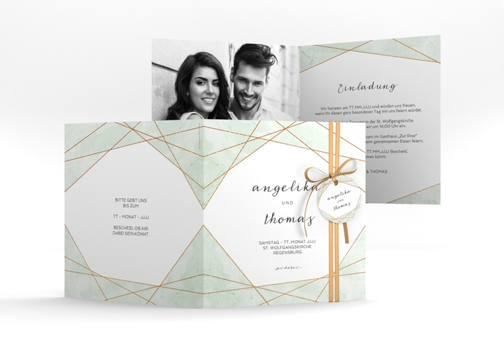 Hochzeitseinladung Asymmetry quadr. Klappkarte gruen hochglanz
