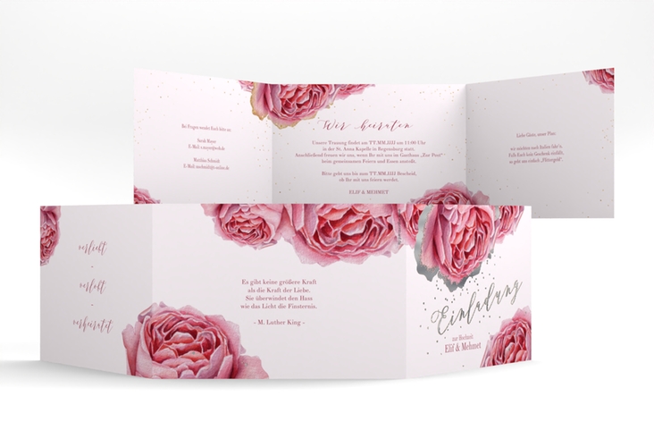 Hochzeitseinladung Cherie A6 Doppel-Klappkarte rosa silber