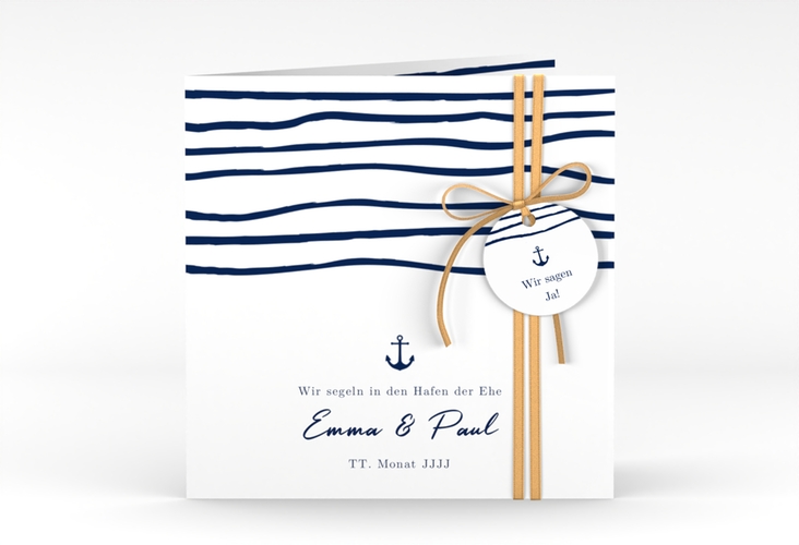Hochzeitseinladung Liebesanker quadr. Klappkarte mit maritimem Streifenmuster und kleinem Anker
