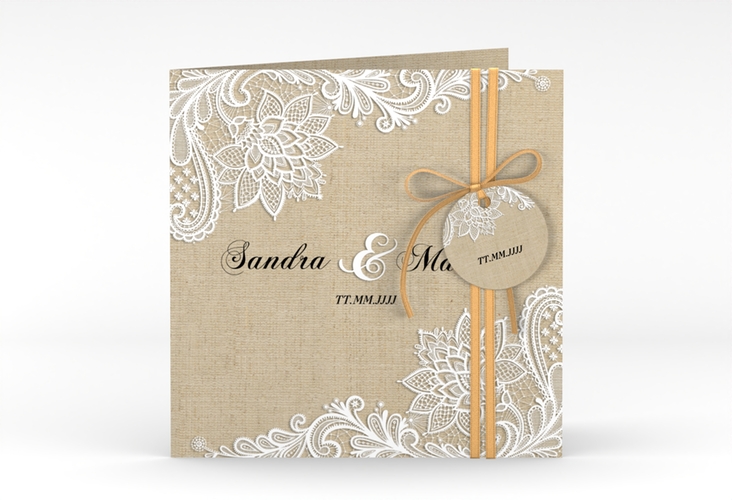Hochzeitseinladung Lace quadr. Klappkarte beige hochglanz in Leinen-Optik mit weißer Spitze