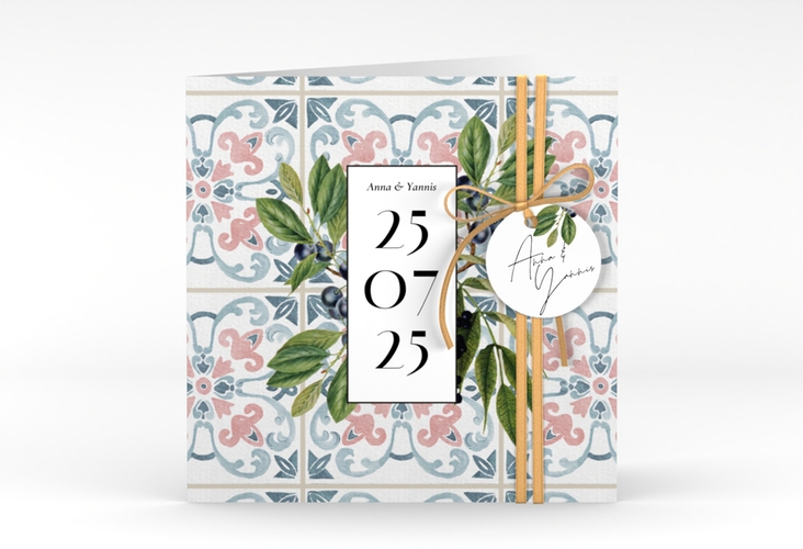 Hochzeitseinladung Mediterraner Flair quadr. Klappkarte bunt mit Auzlejo-Fliesenmuster und Lorbeer