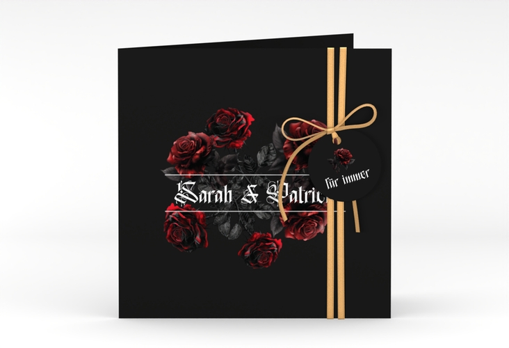 Hochzeitseinladung Gothic Rose quadr. Klappkarte schwarz hochglanz