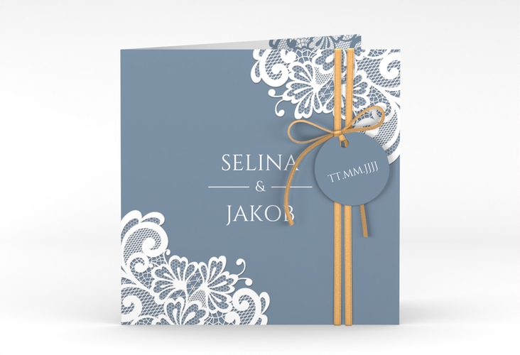 Hochzeitseinladung Vintage quadr. Klappkarte blau mit floraler Spitze